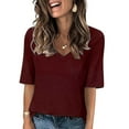 thumbnail image 2 of Penkiiy Womens V Neck Cropped T Shirts Casual Summer Crop Tops Half Sleeve Solid Color Crop Baisc Tees M Wine, 2 of 6
