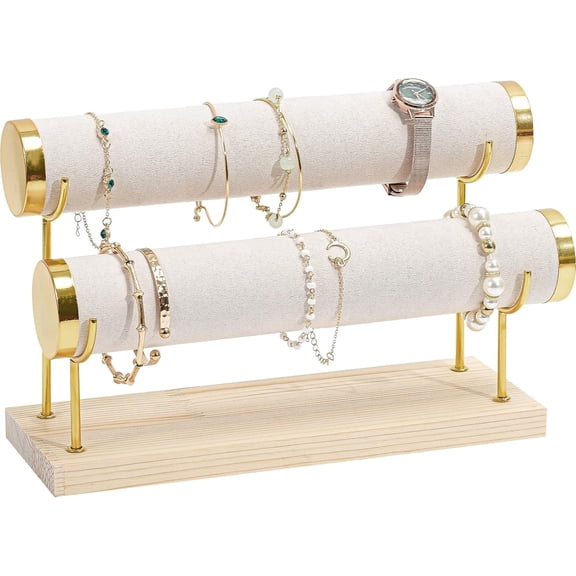 ProCase Detachable Bracelet Holder Stand, Gold Bracelet Organizer for Selling, Velvet Wrap Bracelet Display Rack with Wooden Base for Bangles Scrunchies Watches - 2 Tier, Beige