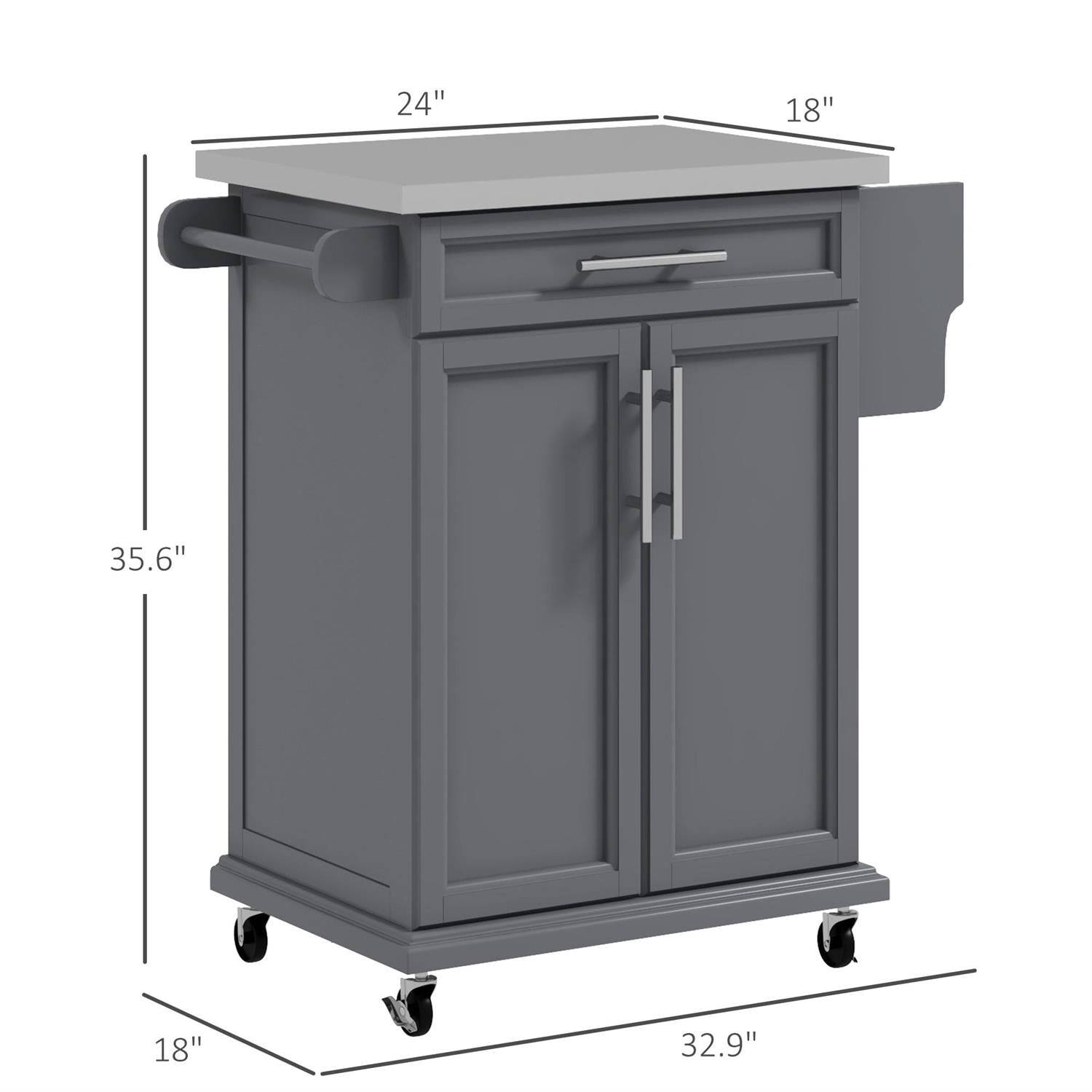 Demi Bonn 35" Mobile Kitchen Island with Stainless Steel Top, Storage Drawer, Towel & Spice Racks for Home Use, Utility Trolley, Gray