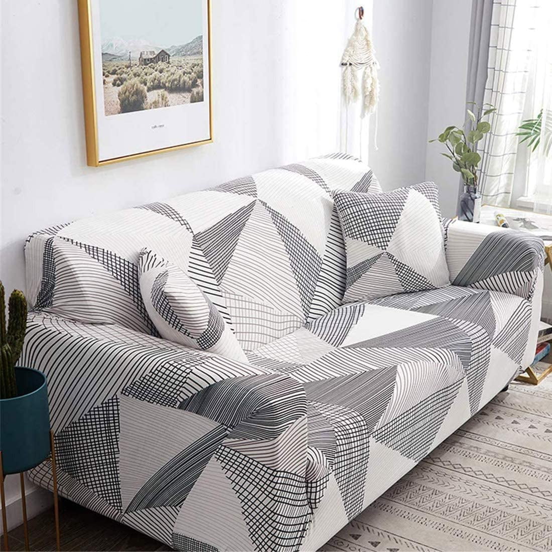 XmhyTop-A Pattern Sofa Slipcovers Stretch Printed Sofa Cover with 2 Pillowcases for 3 Seat Cushion Couch Pet Furniture Protector Spandex Cover L-Shape Available(Geometry, Sofa-3 Seater)