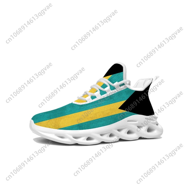 Zapatillas deportivas planas con la bandera de las Bahamas para hombre y mujer, deportivas de alta calidad con cordones y malla, hechas a medida.