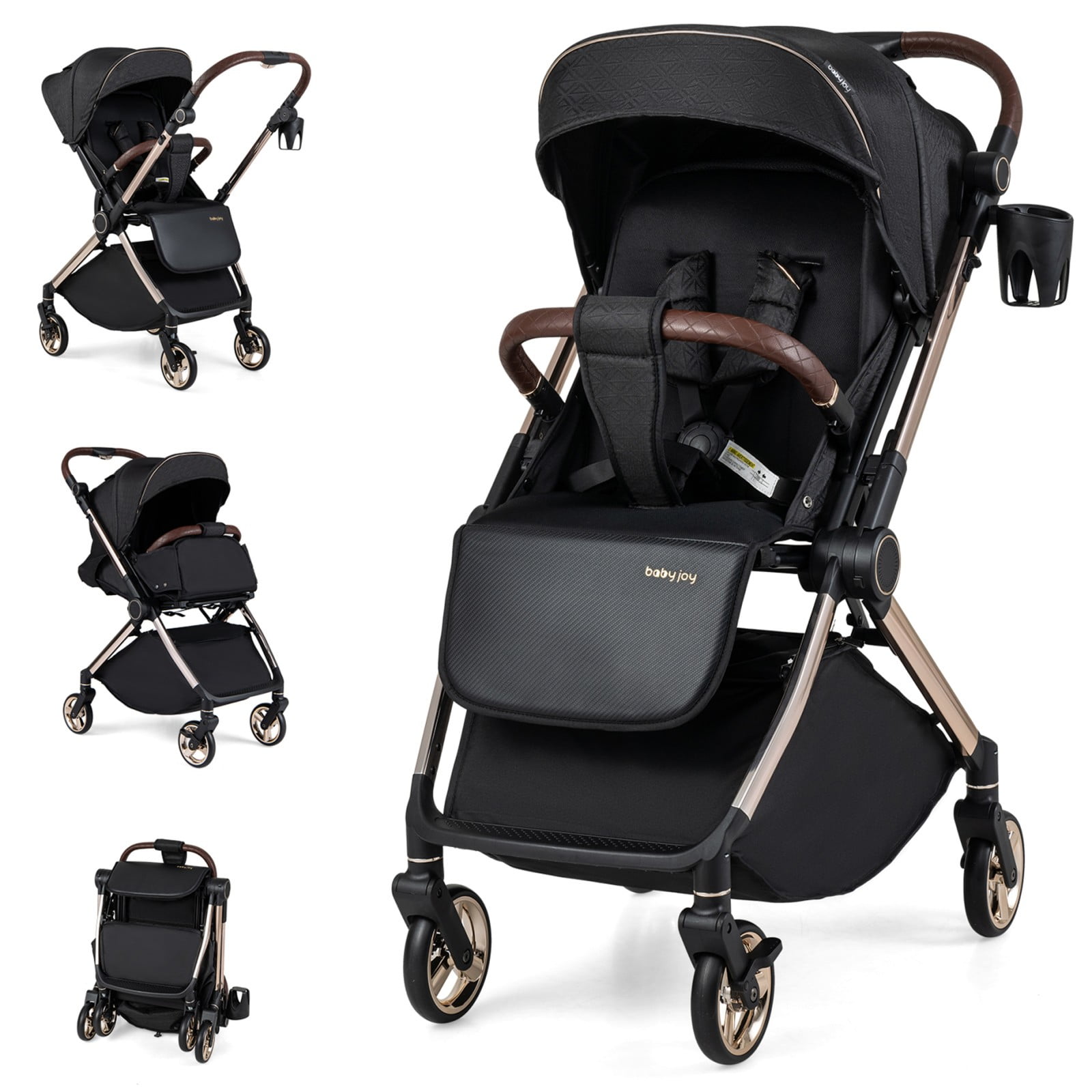 MULTIGOT Foldable Baby Stroller w/Reversible Handle Adjustable Backrest Canopy Cup Holder Black