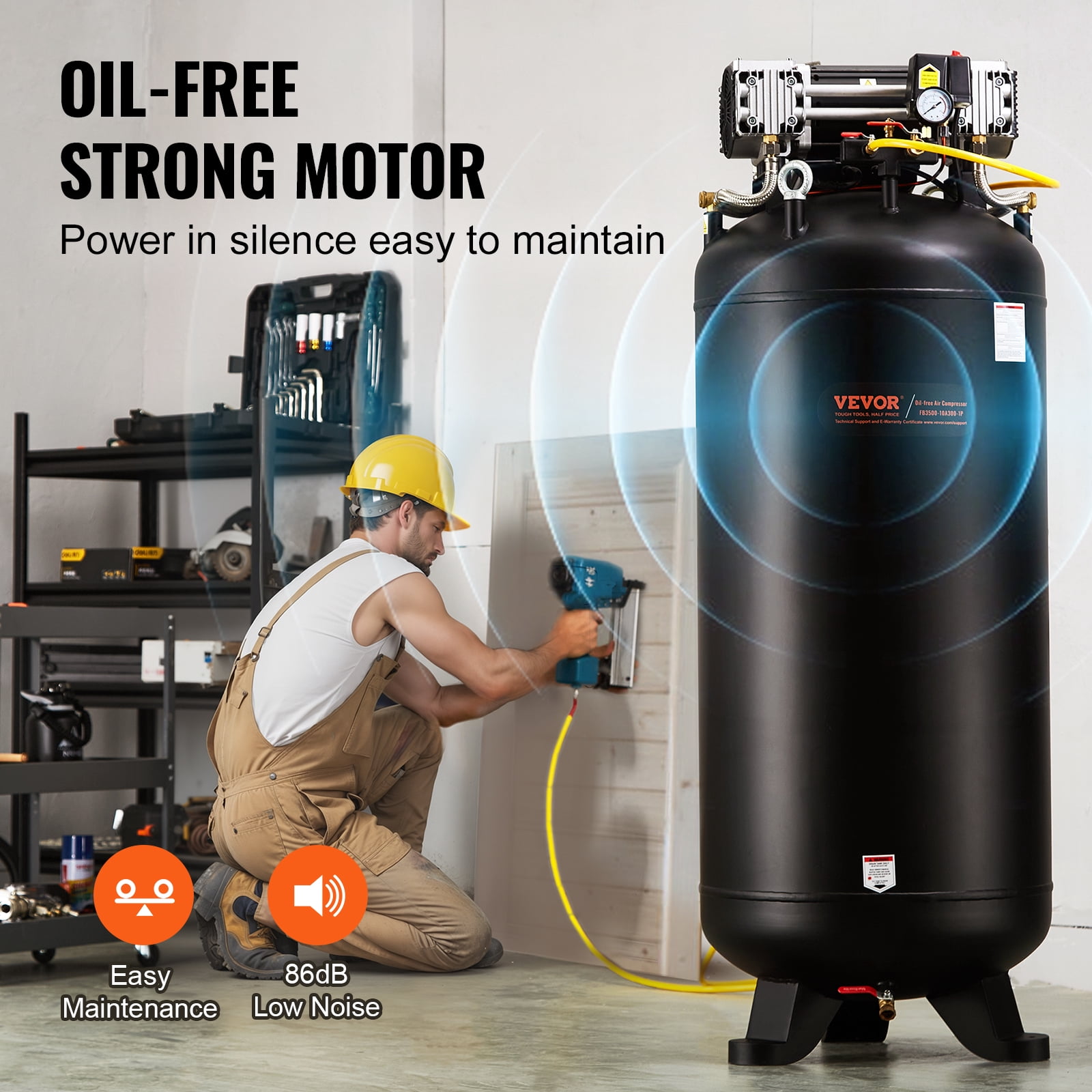 VEVOR 80 Gallon Compressor, 6.5HP, 15.5SCFM@90 PSI, Dual-Stage 145PSI, Oil-Free, 86dB Quiet Operation, Ideal for Manufacturing, Construction, Auto Repair
