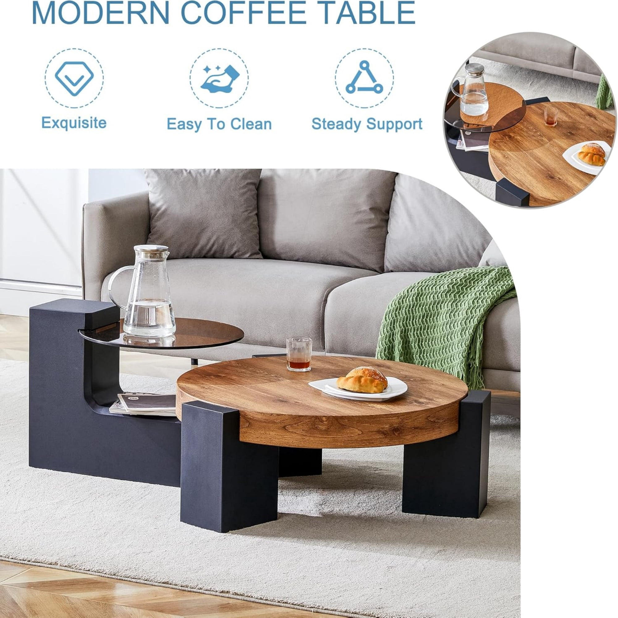 Sudica Detachable Double-decker Coffee Table 30" Round,Tea Table with Black Faux Marble Tabletop,Center Table for Living Room