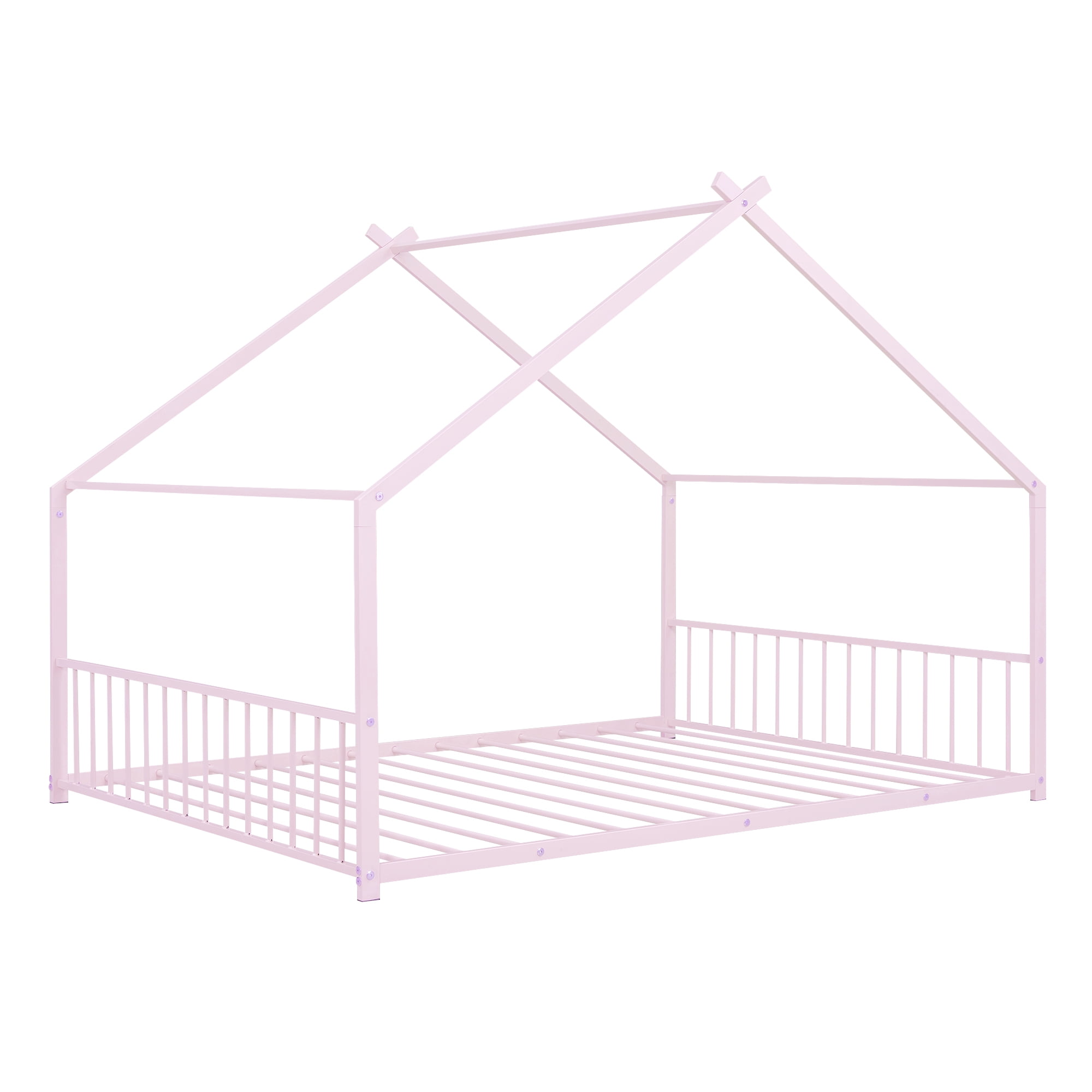 Aukfa Full Size Metal House Bed, Montessori Floor Bed for Kids Toddler, Pink