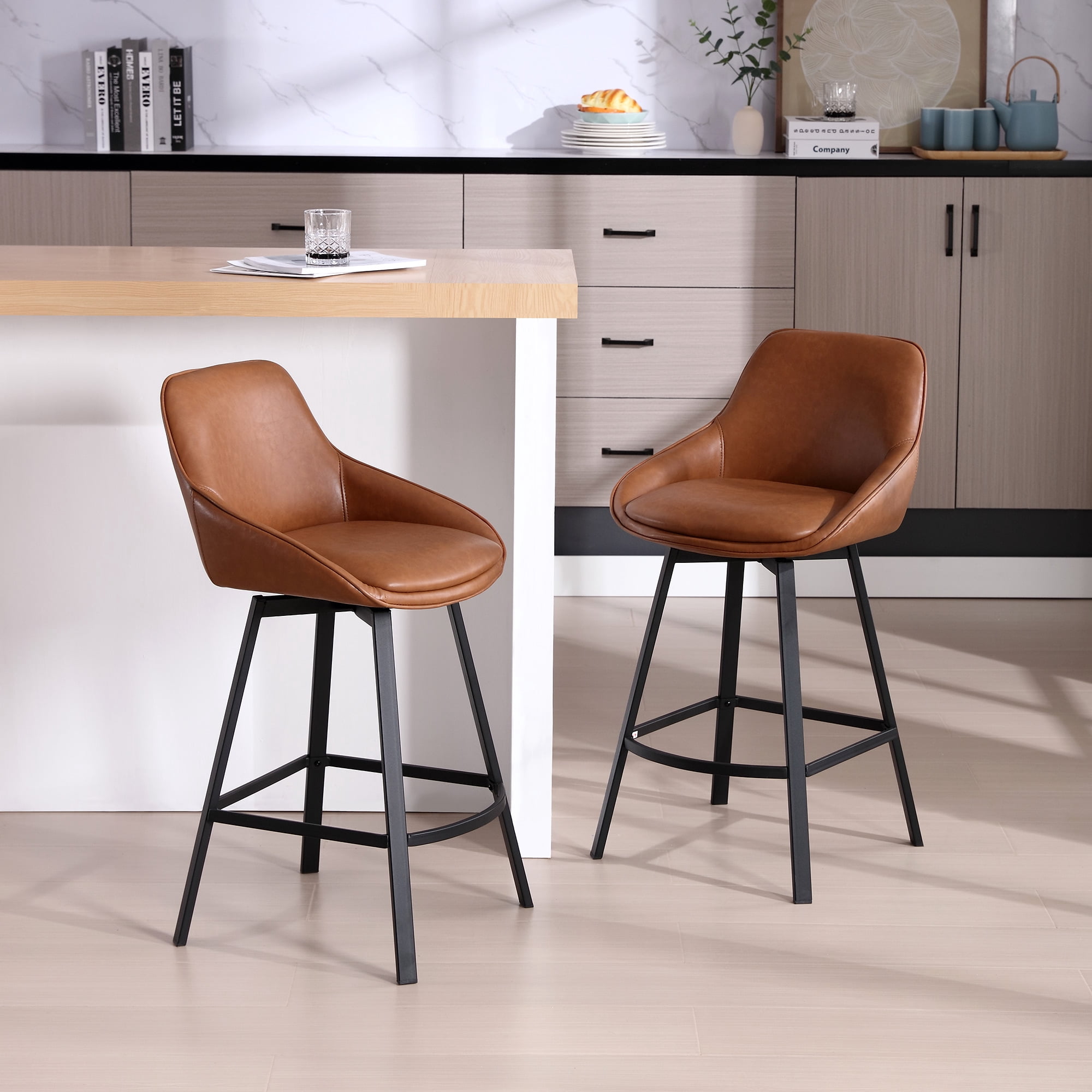 Zesthouse 25.6" Swivel Counter Height Bar Stools Set of 2, Modern Counter Height Chairs with Backs and Metal Legs, Upholstered Faux Leather Barstools for Kitchen Island, Brown