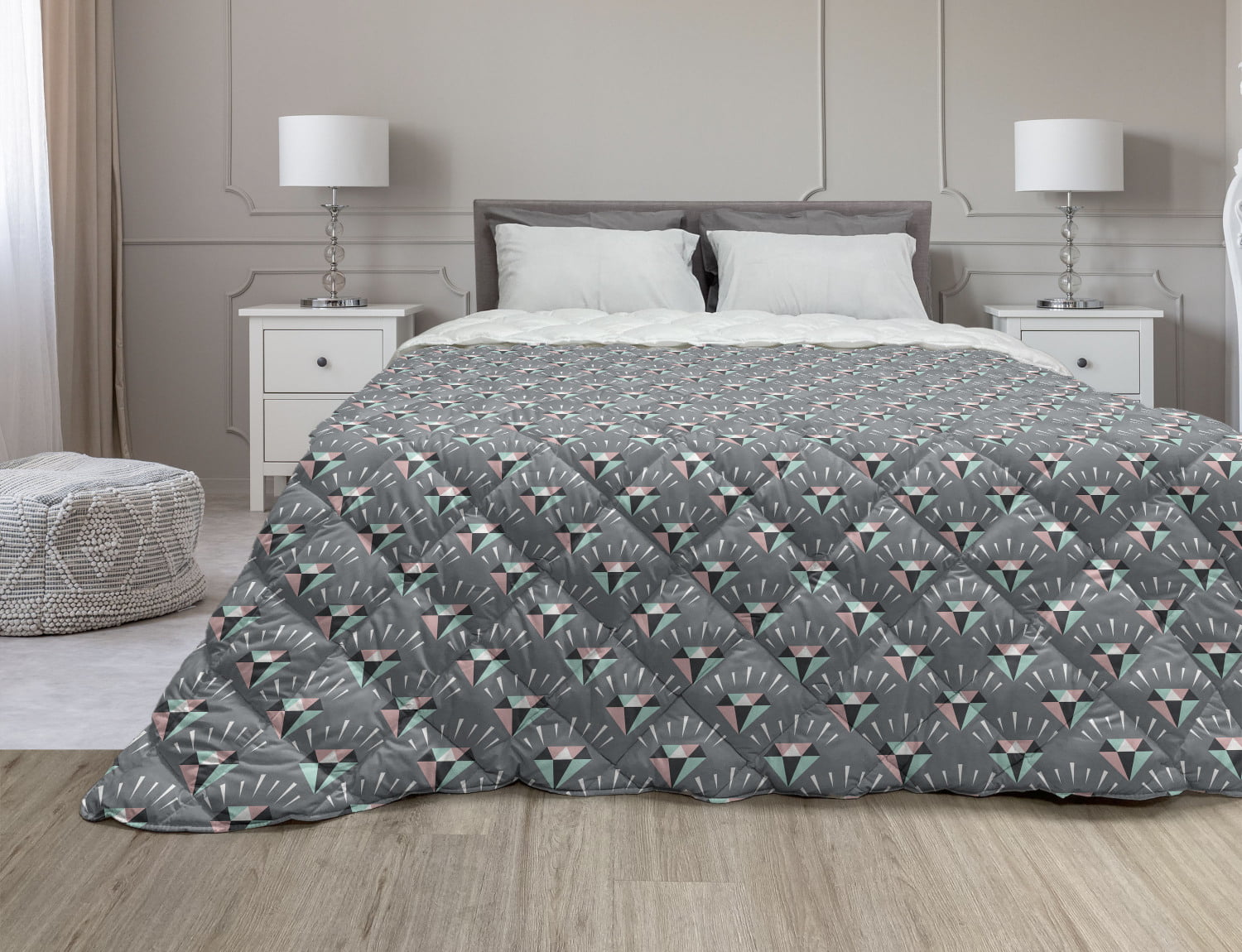 Retro Zig Zag Stripes Print Details about   Aqua Quilted Bedspread & Pillow Shams Set 