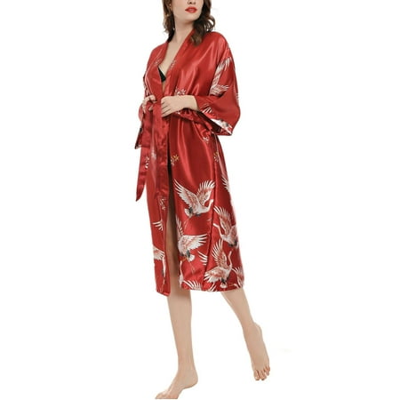 

YFPWM Women s Robes Bridesmaid Bride Party Robes Sleepwear Ice Silk Nightgown Medium Sleeve Bathrobe Silk Bride Nightgown Red S