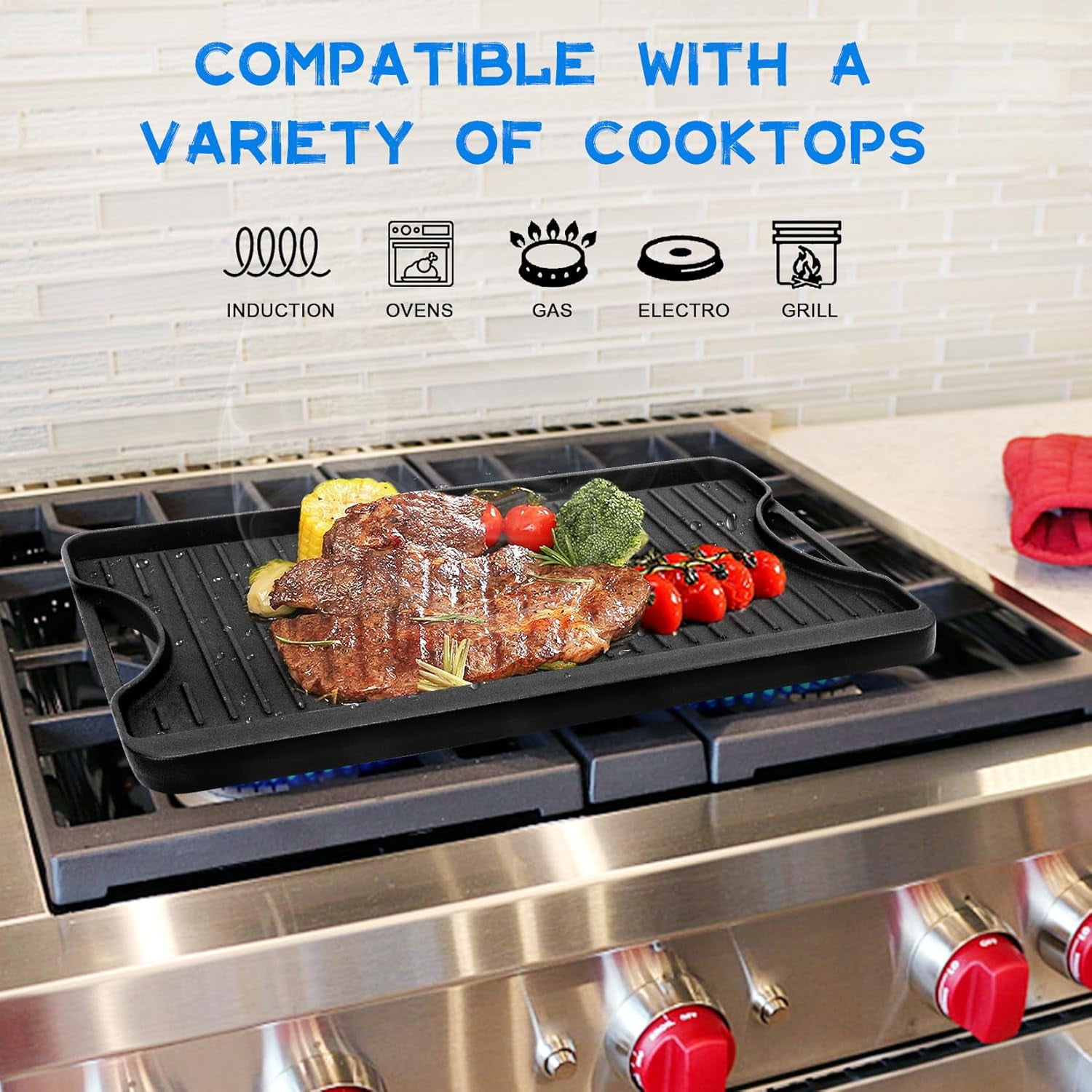 20 x 10.5 Reversible Cast Iron Griddle for Gas Stove, Grill & Camping
