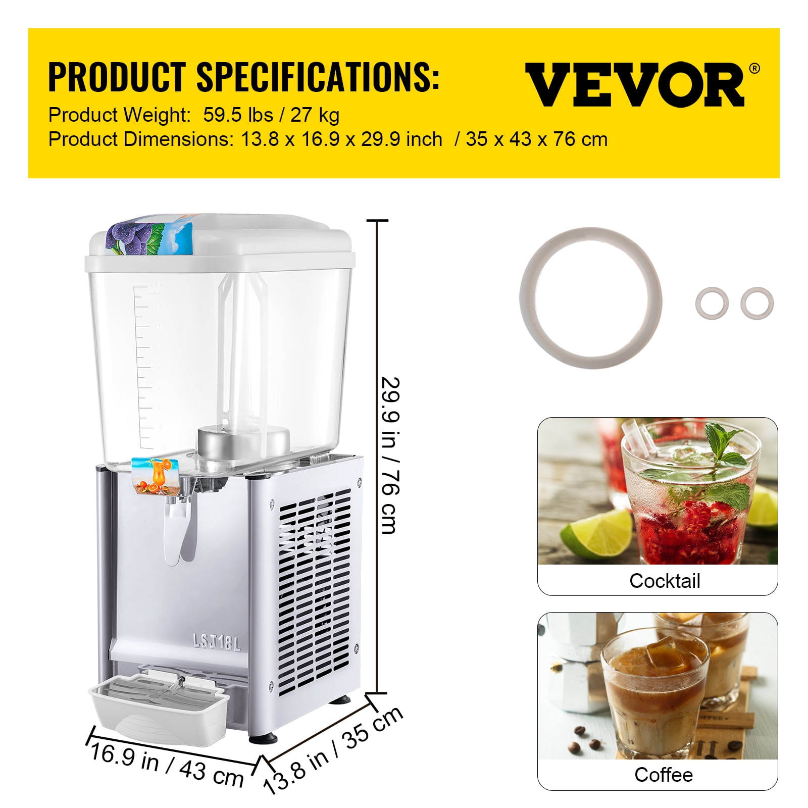 VEVOR 110V Commercial Beverage Dispenser,9.5 Gallon 36L 2 Tanks Juice Dispenser  Commercial,18 Liter Per Tank 300W Stainless Steel Food Grade Material Ice  Tea Drink Dispenser Equipped with Thermostat Controller