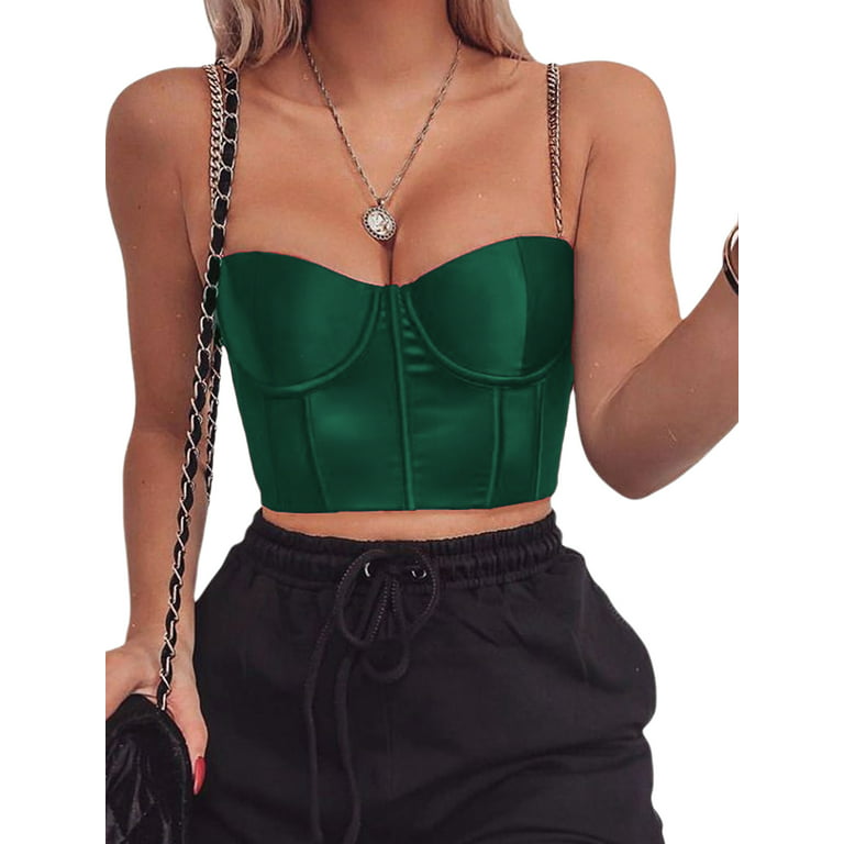 Women Sexy Mesh Bustier Crop Top Backless Chain Straps Push Up