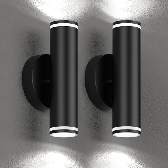 Outdoor LED Wall Light, Up and Down Exterior Wall Sconce 6500K, Waterproof Cylinder Wall Mount Light for Porch Patio Garage, Black-2 Pack