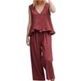 thumbnail image 4 of mihongmao 80s Outfit for Ladies Date Night Sets Women's Casual Summer Beach Loose Two Piece Outfit Sleeveless V Neck Ruffle Top Wide Leg Pants Set Wine M, 4 of 9