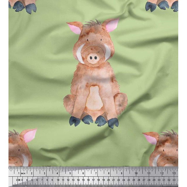 Soimoi Green Rayon Fabric Pig Animal Print Sewing Fabric Yard 56 Inch Wide