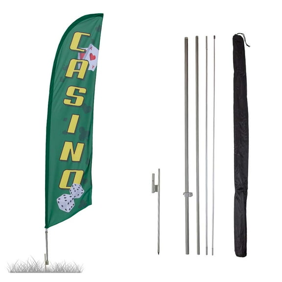Casino Feather Flag Kits - 13.5ft Flag Complete Pole Set Ground Stake - Great for Businesses, Storefronts, Sales - Printed in The USA