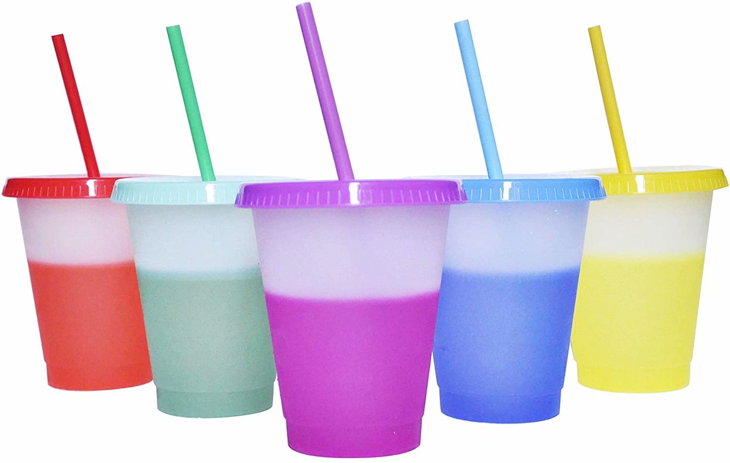 Color Changing Cups, 16oz 5 Reusable Cold Drink Cups with Lids and