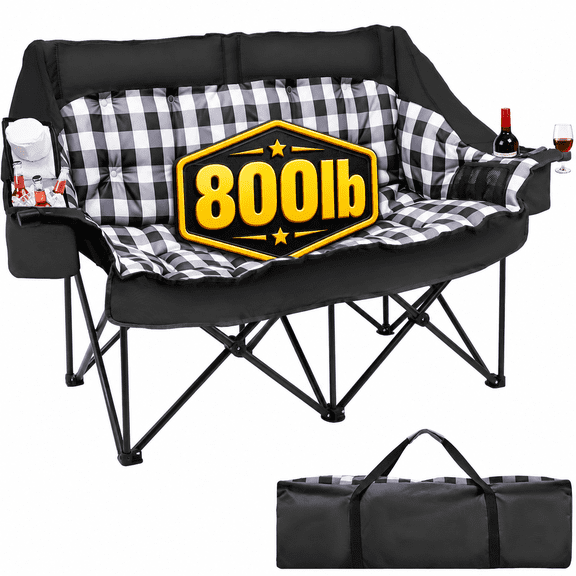 DKMOCO Oversized Padded Double Camping Chair Heavy Duty Folding Loveseat Supports up to 800 lb, 2 Person Outdoor Lawn Chair Set for Beach Camp Patio with Cooler Bags and Storage Bag