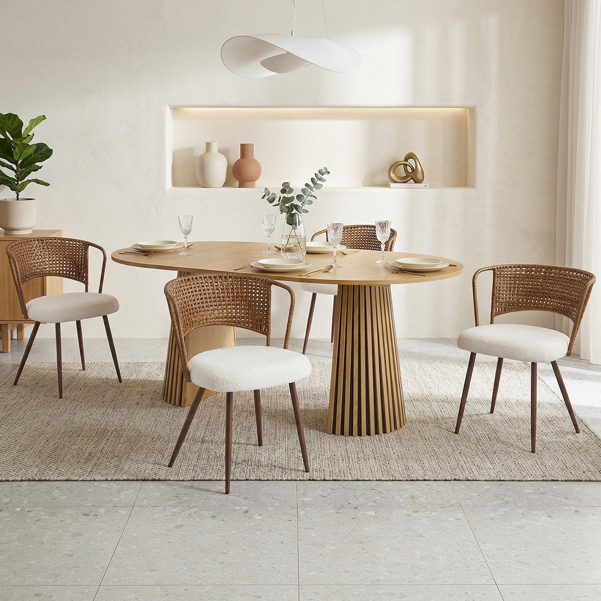 Leumius Set of 4 Wicker Dining Chairs, Farmhouse Soft Cushioned Cane Back Kitchen Chair, Sponge Cushion, Wing-Back Dining Chair with Metal Legs for Home and Kitchen (Dark Walnut)