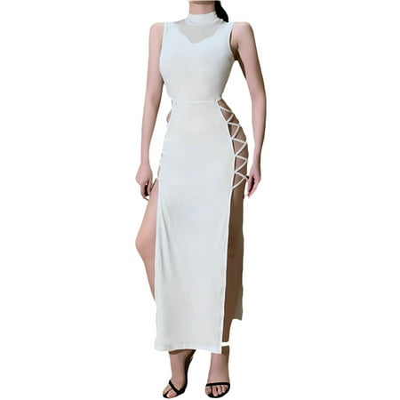 Bebiullo Women s Mock Neck Cut Out Side Lace Up Sleeveless Bodycon Maxi Tank Dress Night Club Dresses White M