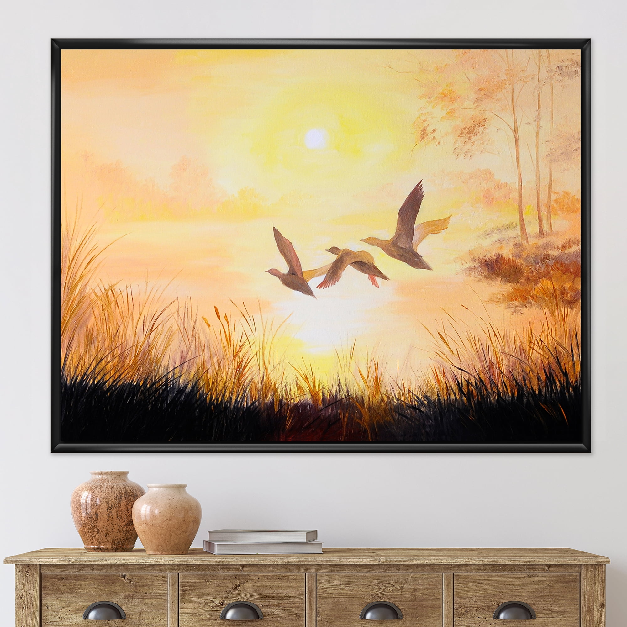 Designart 'Three Cranes Flying Through Warm Sunset' Traditional Framed Canvas Wall Art Print