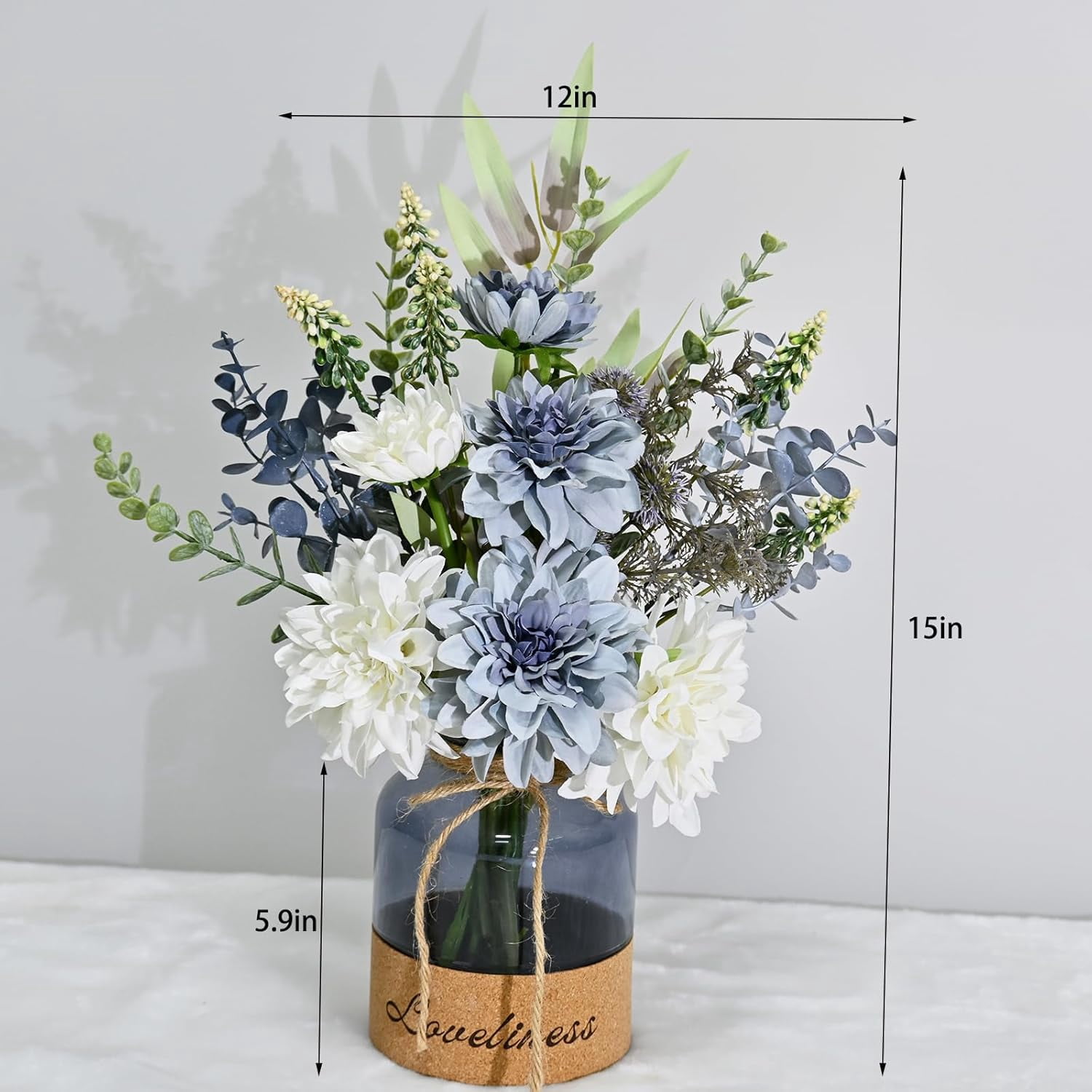 Floral Arrangement with White and Blue Flowers in Glass Vase, Faux Flowers Plants Decor Suitable for Home Office Table Decorations, Dining Table Bathroom Kitchen Decor