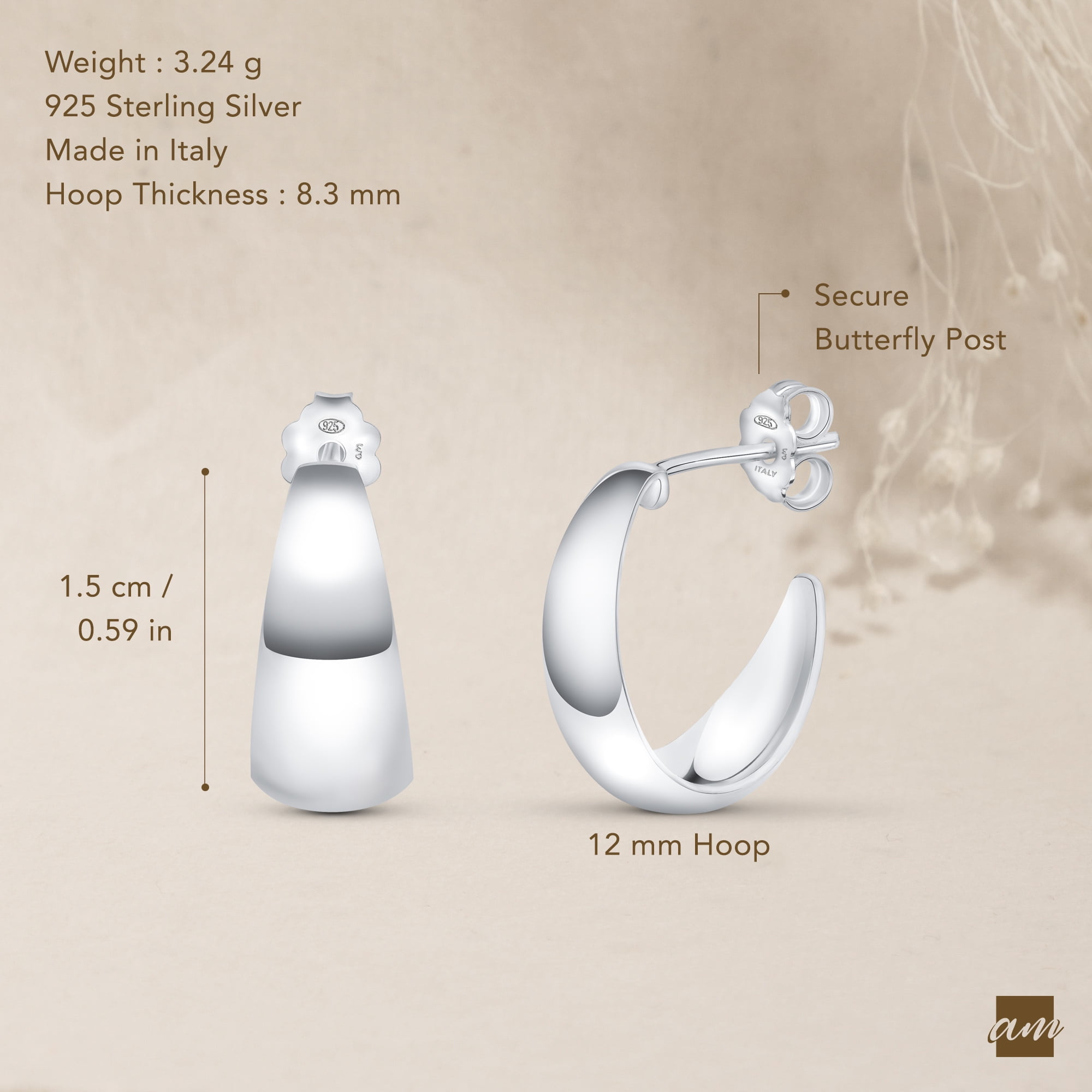 Amberta Women 925 Sterling Silver Chunky Hoop Earrings: Chunky Open Hoops Silver 10 mm