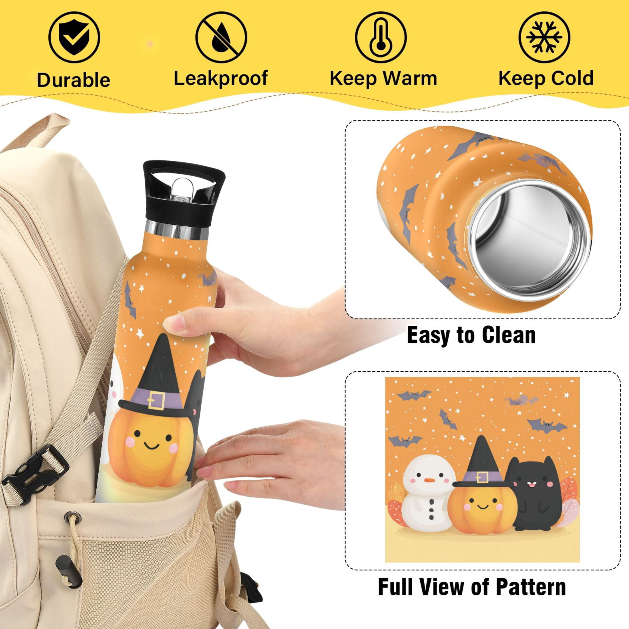 Kids Insulated Stainless Steel Sports Water Bottle 600ml (20oz) Snowman and Pumpkin