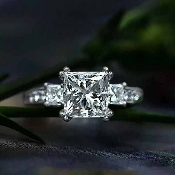 14K White Gold Plated 2CT Princess Cut Lab Created Diamond 3 Stone Wedding Ring