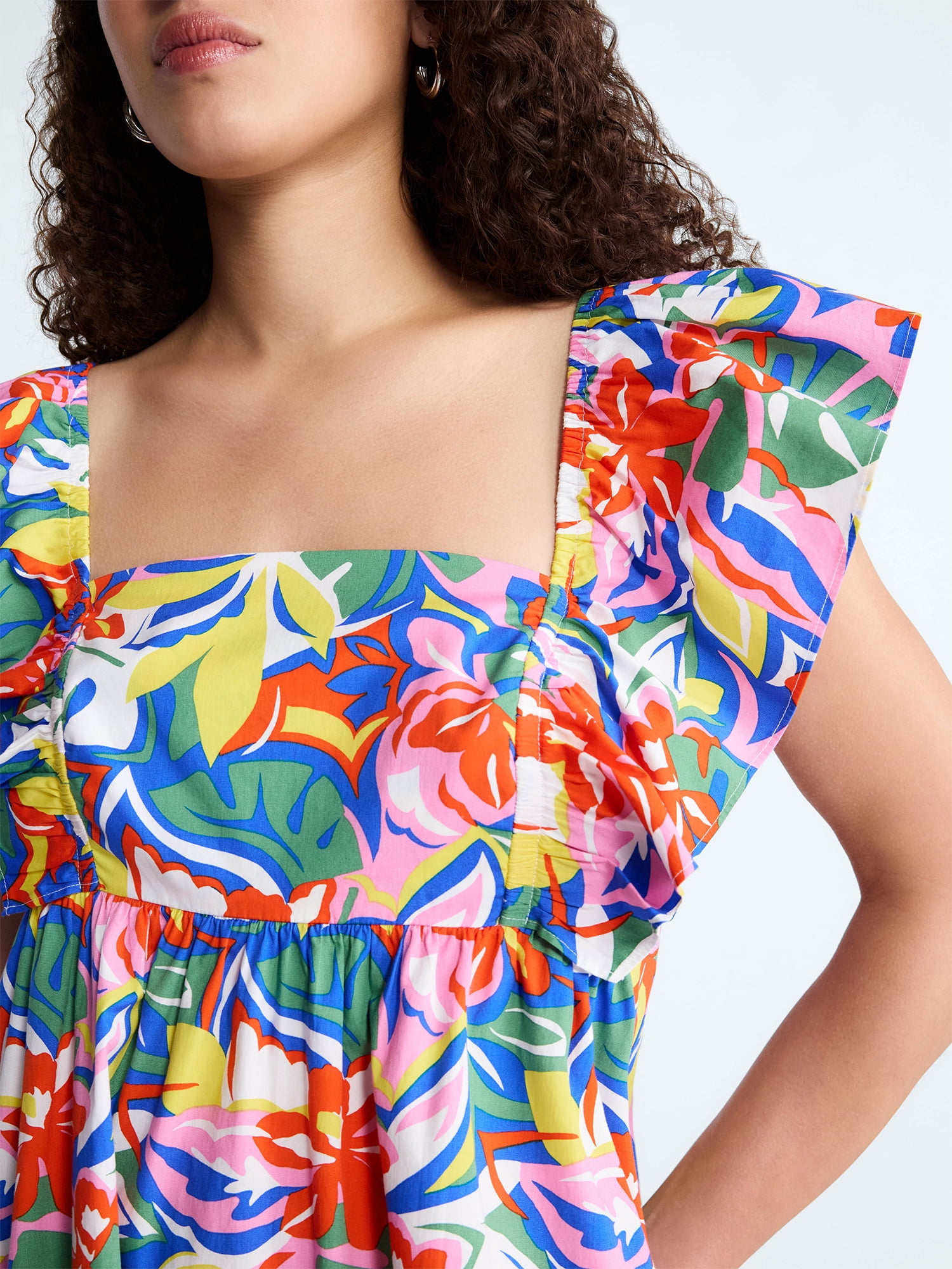 Free Assembly Women's and Women's Plus Square Neck Flutter Sleeve Mini Dress, XS-4X