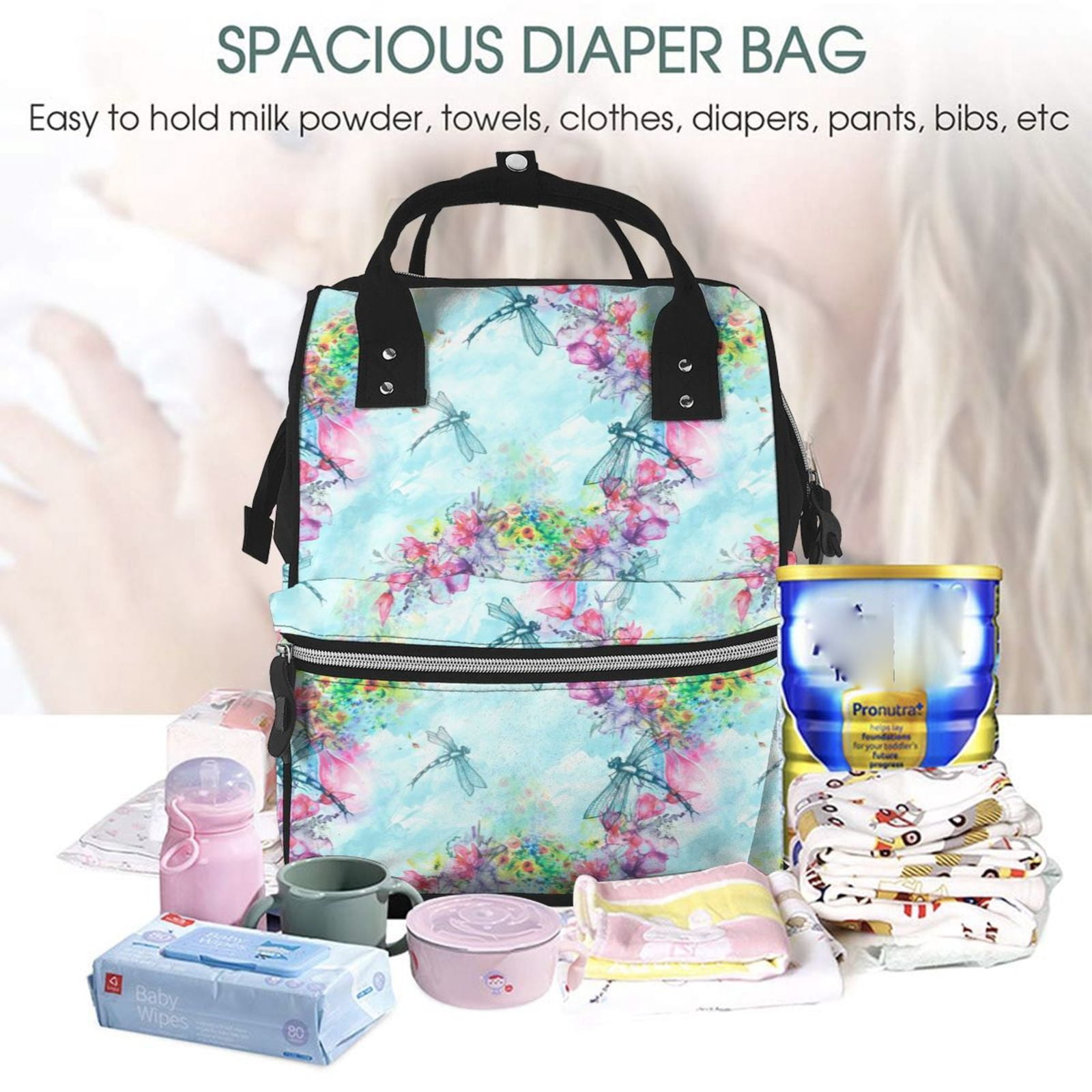 Ratiio Dragonfly Floral Mummy Backpack - Waterproof Twill Canvas, Large Capacity Diaper Bag with Multiple Pockets and Adjustable Straps