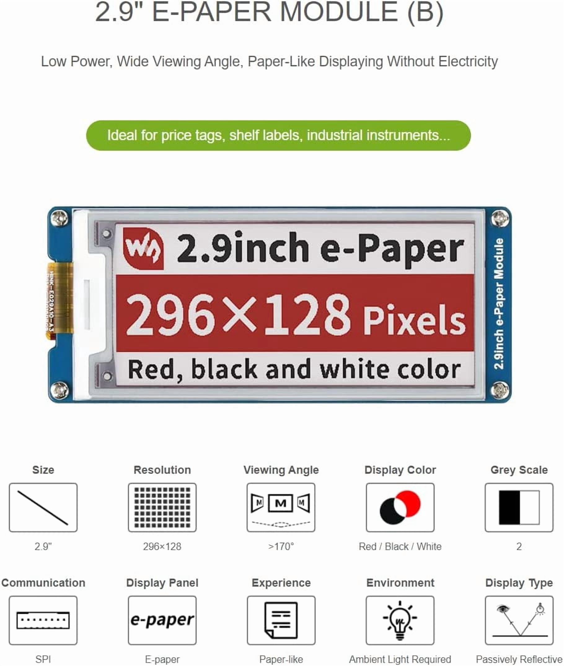 Three Color 2.9inch E-Ink Display Module (B), 296x128 Resolution 3.3V/5V E-Paper Epaper Display Screen Red Black White Tri-Color Compatible with /Arduino/STM32,SPI Interface, Full Refresh