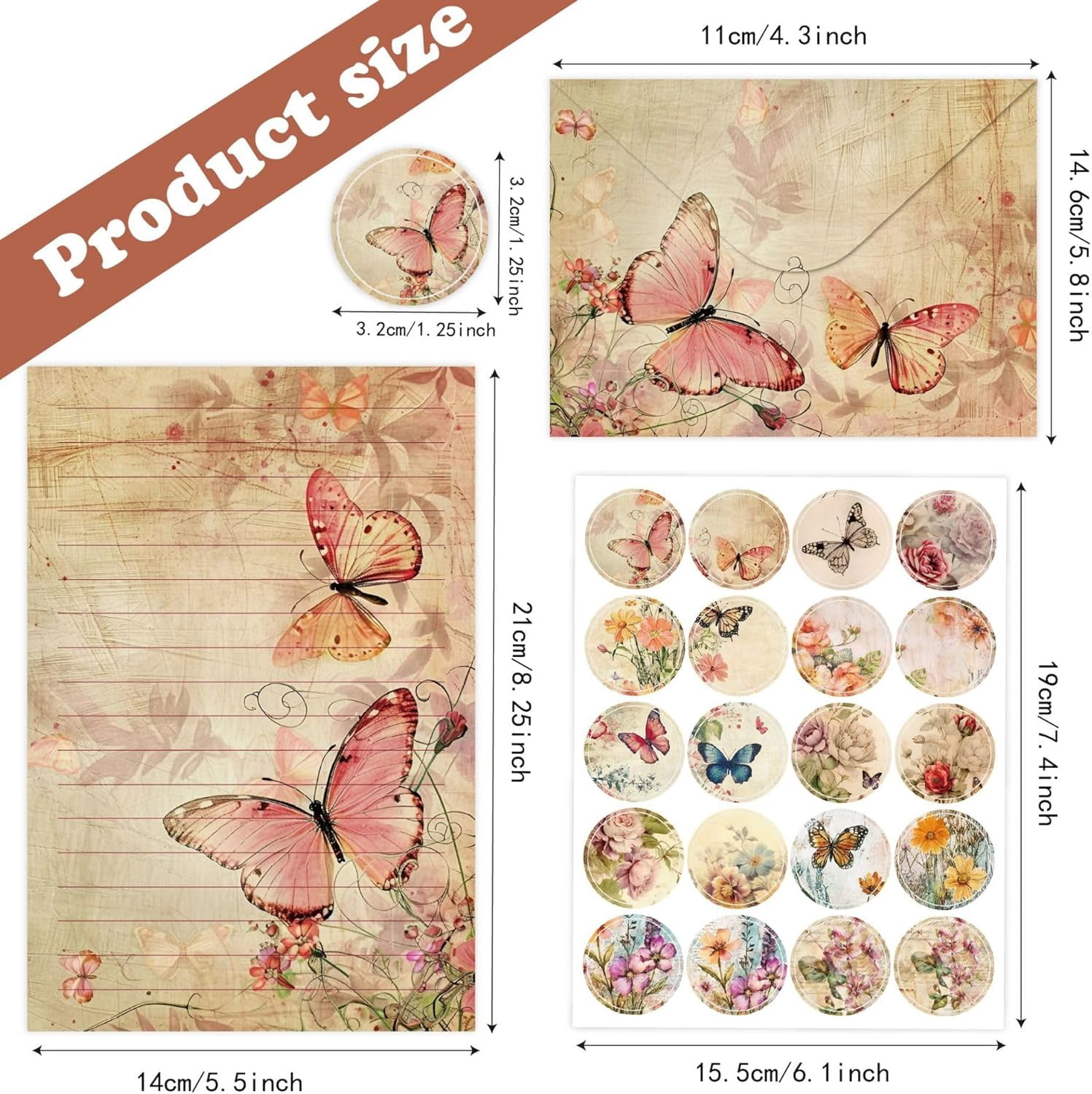 160 Packs Stationery Paper and Envelopes Set 10 Different Designs, 50 One Sided Writing Papers with Matching 60 Round Dot Sticker, 5.5 x 8.25 Inch (VintagePlant)