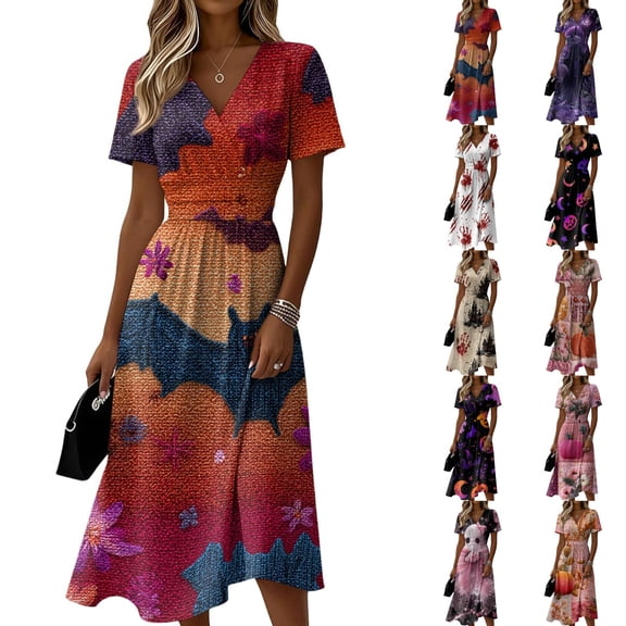 Womens Halloween Dress Skeleton Short Sleeve Spider Cute Wedding Guest Dress Bat V Neck Vintage Wrap Dresses 3XL