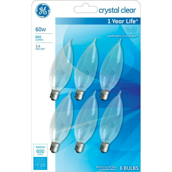 GE Lighting 75226 Bent Tip CA10 Candelabra Base Bulb, Clear, 60W, 6-Pack, Each
