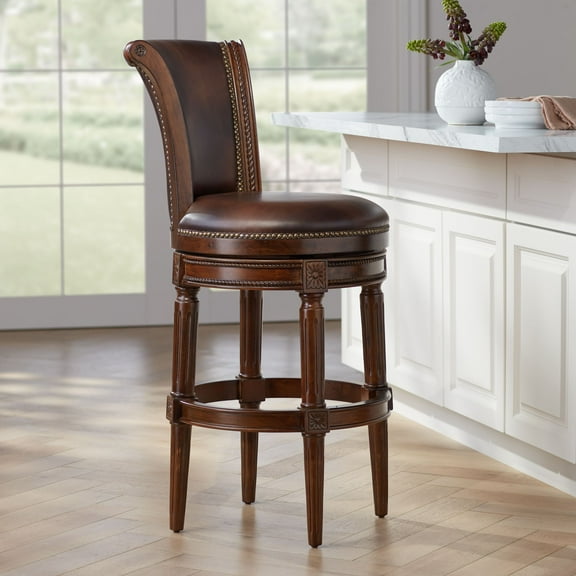 55 Downing Street Walnut Swivel Bar Stool Brown 30 1/8" High Traditional Mocha Leather Cushion with Backrest Footrest for Kitchen Home