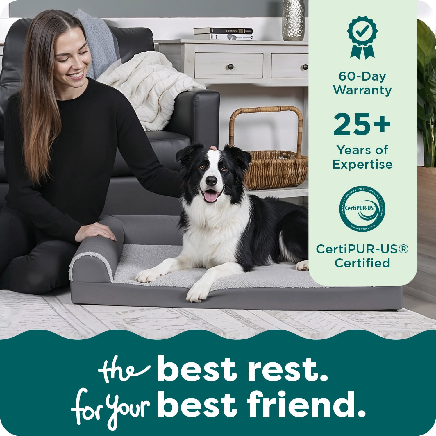 FurHaven Pet Products Two-Tone Faux Fur & Suede Orthopedic Deluxe Chaise Lounge Pet Bed for Dogs & Cats - Dark Sage, Large
