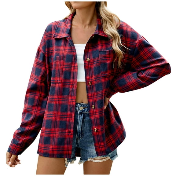 Womens Plaid Printed T-Shirts, Long Sleeve Shirts for Women Fall Fashion Loose Fit Lapel Button Down Dressy Blouses S-2XL