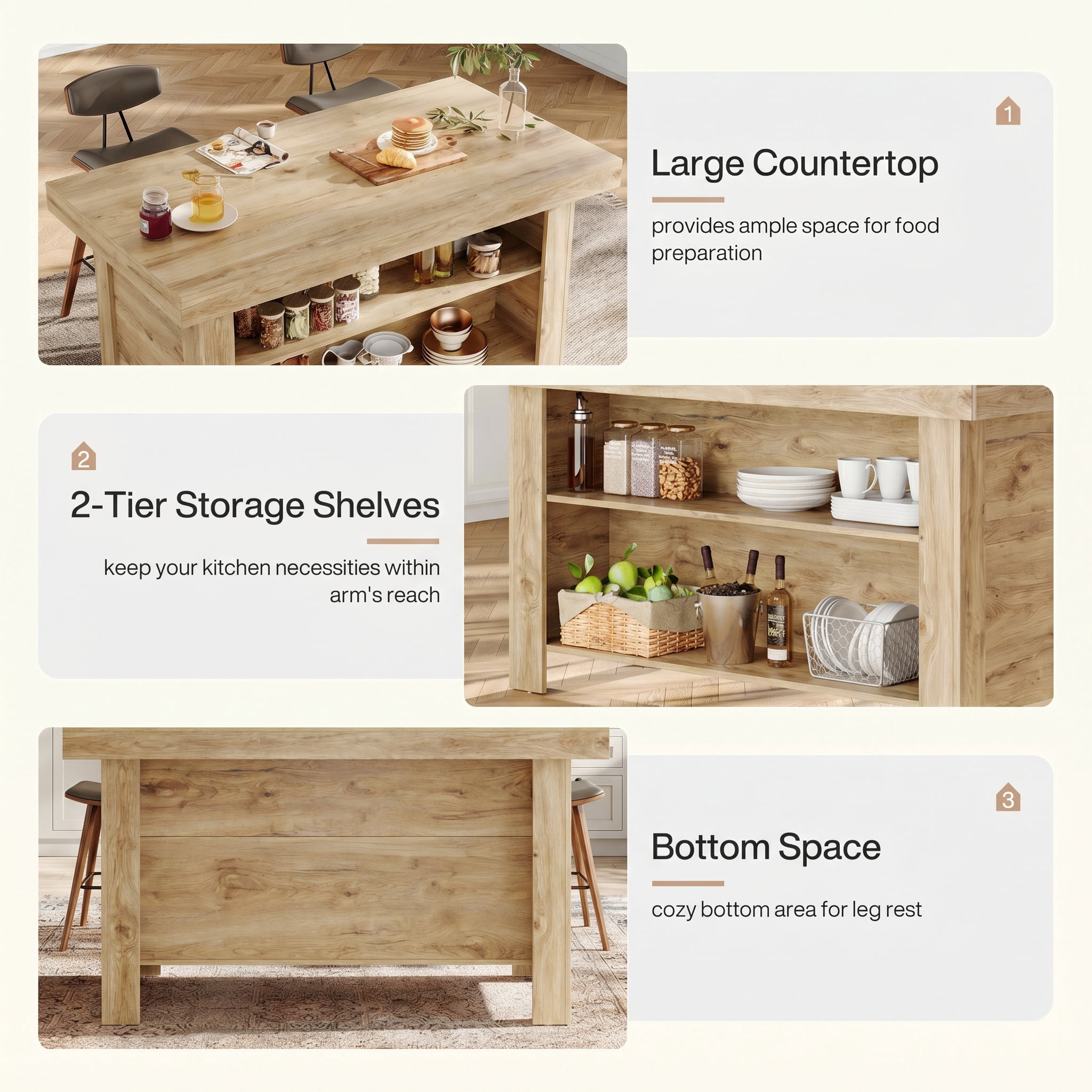 Fnova 55" 3-Tier Kitchen Island with Storage Shelf, Farmhouse Wooden Stationary Island Table with Large Worktop for Kitchen, Light Brown