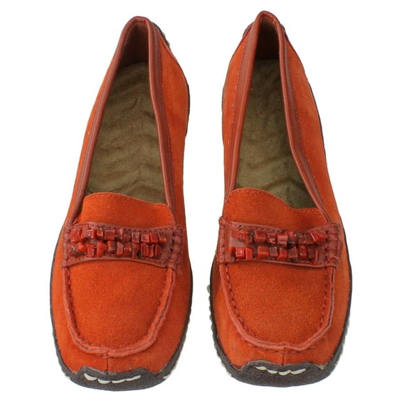Avon Women's Orange Suede Cushion Wedge Shoes with Stone Strap Accent - Size 6