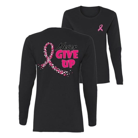 Wild Bobby Breast Cancer Awareness Never Give Up Fight Cancer Front and Back Women Long Sleeve Tee, Black, Small