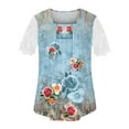 thumbnail image 5 of JGGSPWM Womens Going Out Floral Print Blouse Square Neck Lace Short Sleeve Shirts Stretchy Fancy Tunic Tees Blue M, 5 of 5