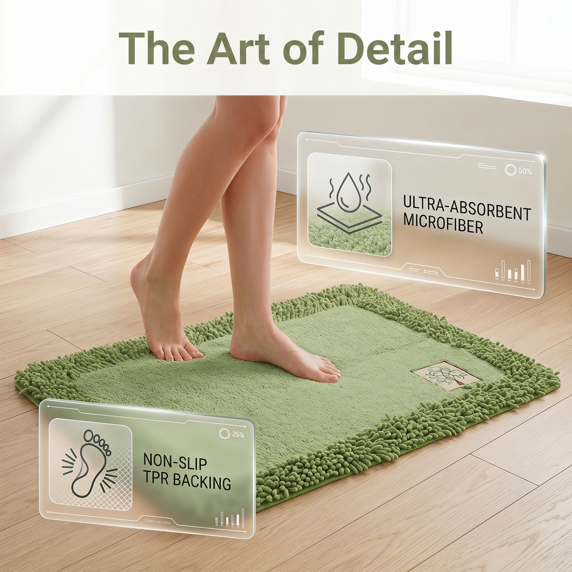 Unique Bargains Chenille Non Slip Bath Mat Ultra Soft Absorbent Shower Rug Green 24" x 16"