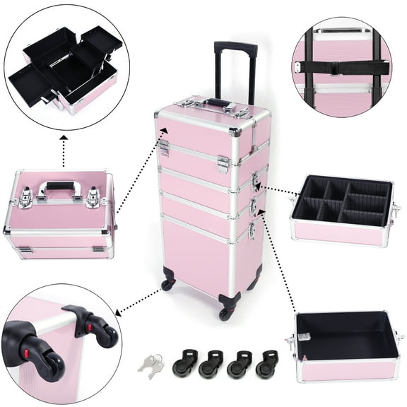 4-in-1 Aluminum Rolling Makeup Case with Lockable Trolley, Wheels & Keys - Professional Cosmetic Organizer for Artists, Tattoo, Hairstylists - Portable Pink Beauty Storage Box