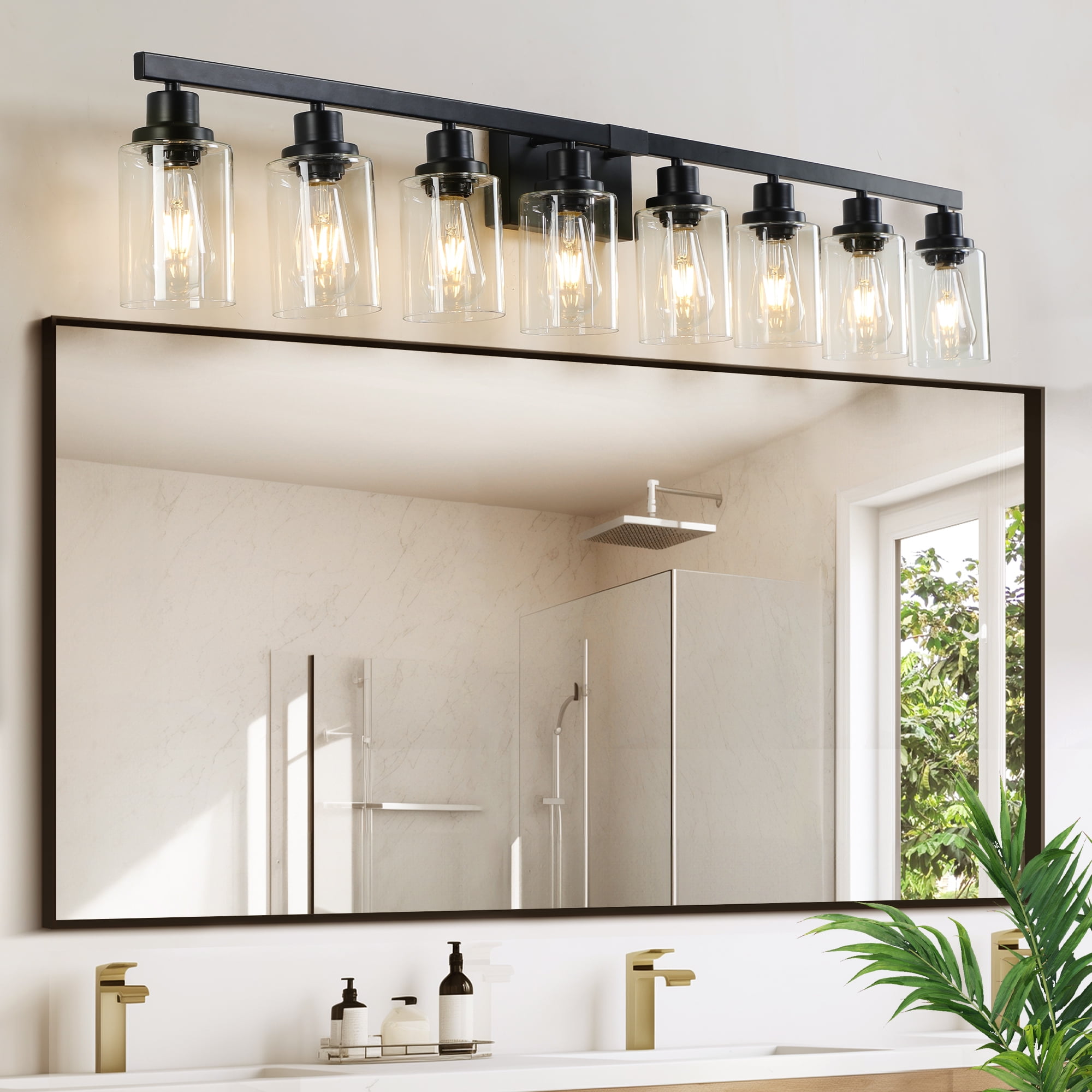 Miniyam 8-Light Black Bathroom Vanity Light, Industrial Farmhouse Wall Fixture with Clear Glass Shades