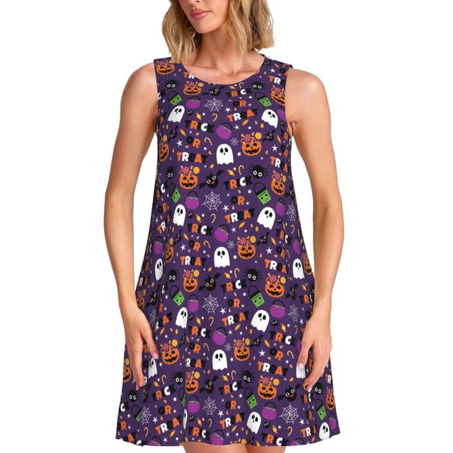Fotbe Halloween Sweet Candy Vestido de Verano sin Mangas para Mujer – Vestido Midi Línea A, Estilo Camiseta Floral, Vestido Playero Casual y Fluido