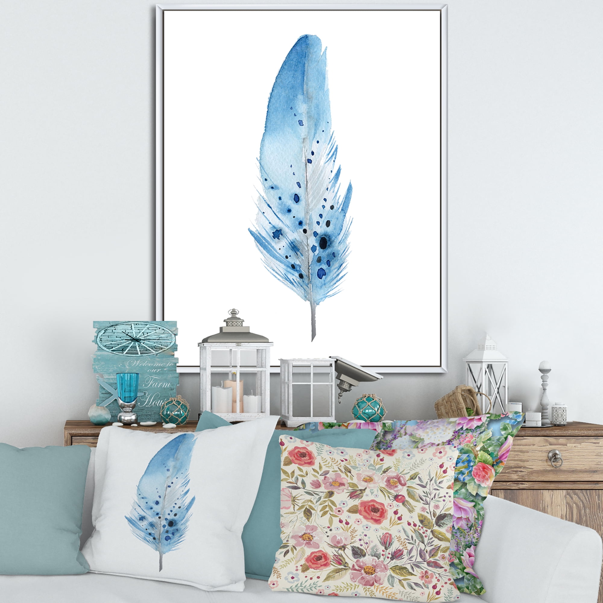 Designart 'Abstract Blue Boho Feathers' Bohemian & Eclectic Framed Canvas Wall Art Print