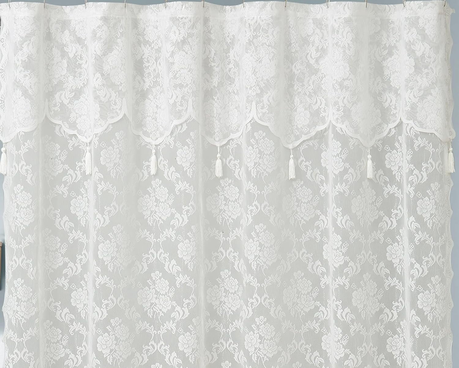 WARM HOME DESIGNS Luxury Lace Shower Curtain with Attached Valance and Elegant Tassels. MSH Ivory 72