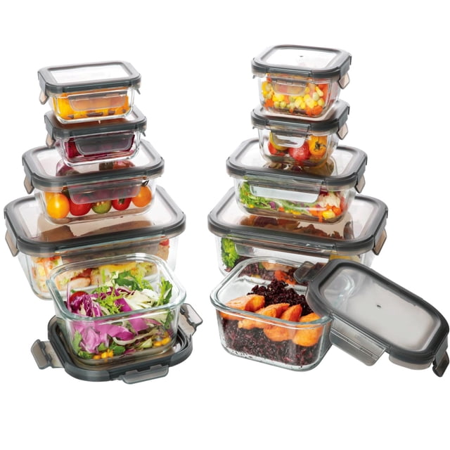 Contenedores de vidrio para alimentos con tapas de cierre fácil y herméticas, aptos para cocina, horno, refrigerador y congelador, set de 10 recipient