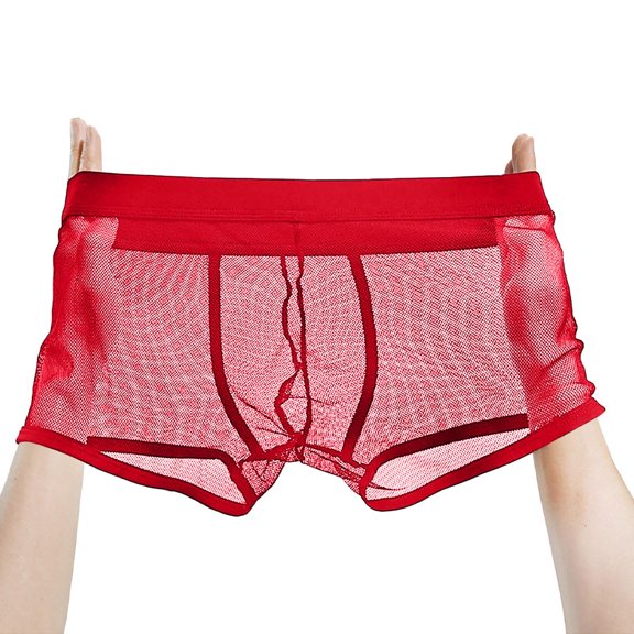 Men's Boxer Briefs Mesh Underwear Breathable See Through Hollow Trunks Lingerie Shorts Clubwear Red S