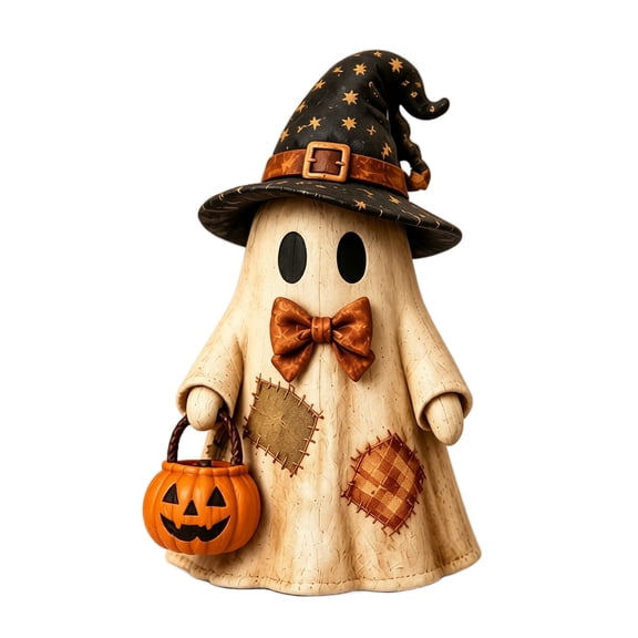 Vintage Halloween Decorations, Wooden Ghost Figurine Set with Patchwork Design, Spooky Halloween Decor for Fall Home Centerpiece,